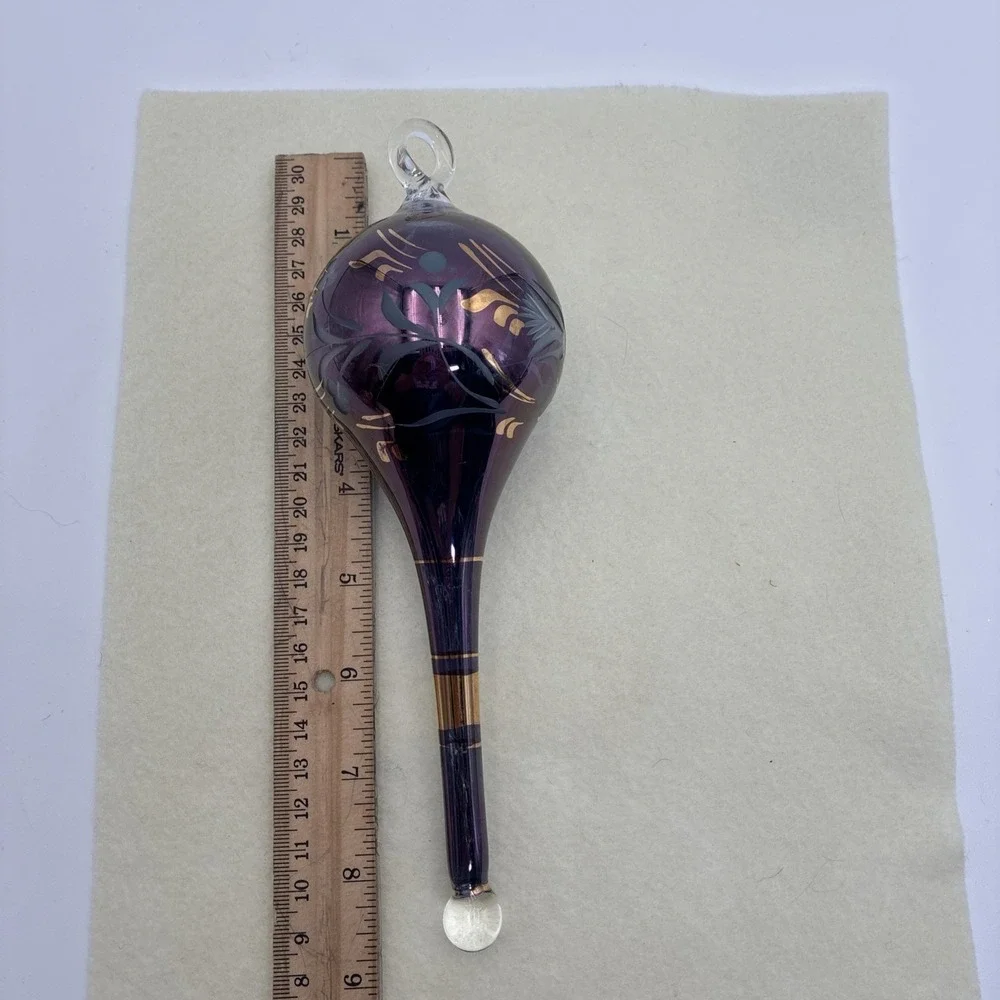 Vintage Purple Iridescent Hand Blown Glass Teardrop Ornament Gold Floral 8.5